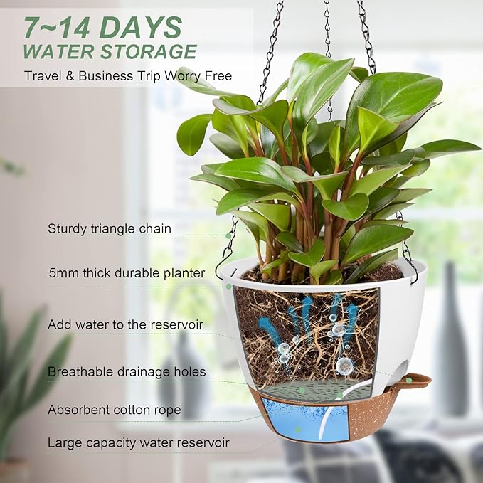 Hanging Planters for Indoor Outdoor Plants, 2 Pack Self Watering Hanging Pot with Drainage Holes & Removable Tray (White, 10'') Vanslogreen