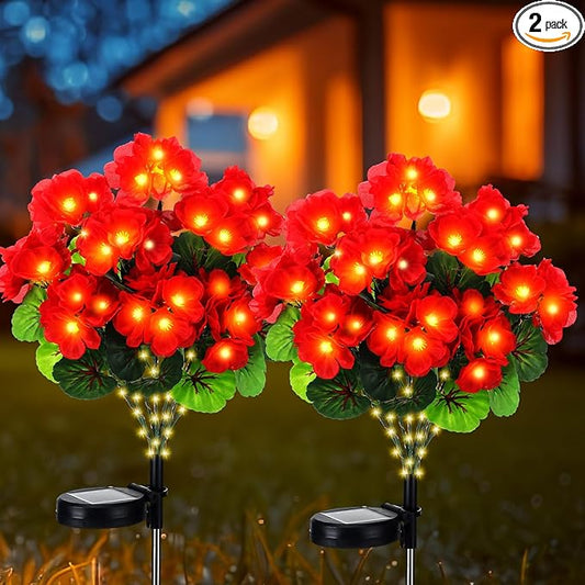 2 Pcs Solar Geraniums Lights Outdoor Waterproof for Garden Spring Decor Light with 10 Solar Geraniums Light for Outside Stake Decorative Auto On/Off for Garden Yard Backyard Patio Huquary