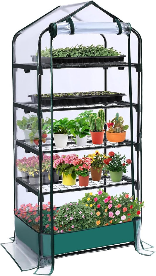 5 Tier Mini Greenhouse for Indoor Outdoor, Portable Green House with Durable PVC Cover and Shelves for Seedling, Heavy Duty Greenhouse with Waterproof Mat and Cover Tape, Gardening Gifts for Women Men Rootora