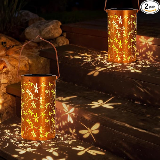 2 Pack Solar Lanterns Outdoor Hanging Lantern Lights, Dragonfly Hollowed-Out Metal Decor Lantern, Waterproof LED Decorative Garden Light - Delicate Garden Decoration for Patio, Yard DIBIEECN