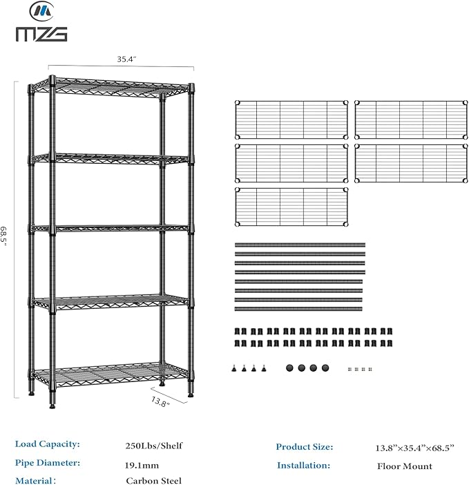 1250 lbs 5 Tier Shelf Metal Storage Shelves Shelving Wire Rack Heavy Duty Closet Organizers for Garage Kitchen Bathroom Laundry Black 13.8" D x 35.4" W x 68.5" H MEIGAOPLASTICANDMETALHKCOLIMITED