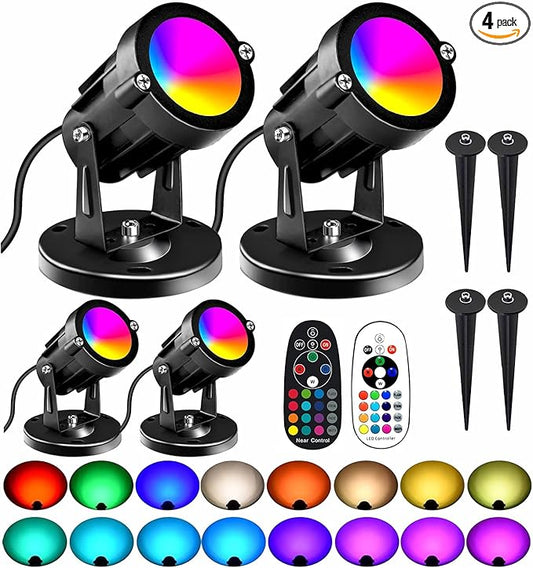 RGBW 8W LED Spotlight with Remote, 16 Color Changing Landscape Lighting for Outdoor Indoor, 120V Plug-in & 6FT Cord, Spotlight Flag Light for Garden Tree (4) Agdjasa