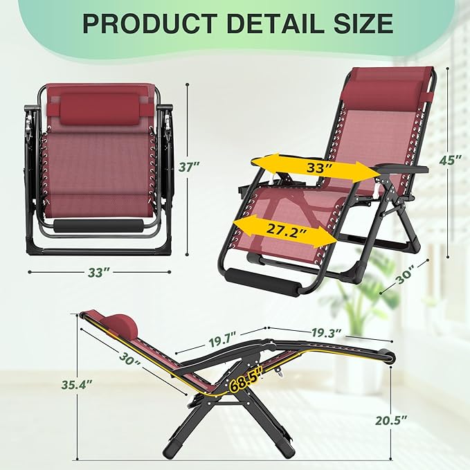 Suteck Oversized Zero Gravity Chair,33In XXL Outdoor Recliner Chair w/Removable Cushion&Headrest, Camping Lounge Chair w/Upgraded Lock&Footrest, Reclining Patio Chairs for Indoor Outdoor,500LBS Suteck