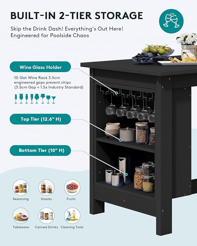 SERWALL 3-Piece Outdoor Counter Height Bar Set, HDPE Patio Bar Table with Wine Rack & Storage Shelf, 2 All-Weather Bar Stools, Patio Bar Dining Furniture Set for 3, Black SERWALL