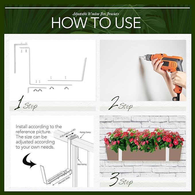 Layhit 10 Pcs Adjustable Planter Box Brackets Universal Heavy Duty Flower Box Brackets Window Iron Railing Planter Holder for Balcony Fence Pergola Patio Garden Windowsill, 6-12.5 Inch(White) ShungLan