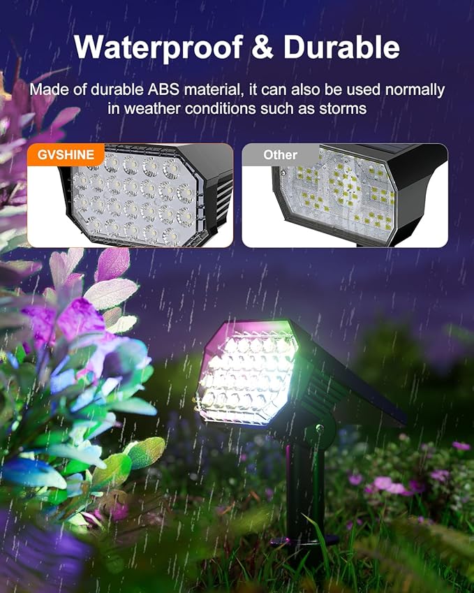 6 Pack Color Changing Solar Powered Outdoor Spot Lights Outside Landscape Waterproof 24 LED Spotlights Dusk to Dawn for Christmas Decorations,Tree, Snowman, Elk Statues, 8 Colorful for Accent Lighting GVSHINE