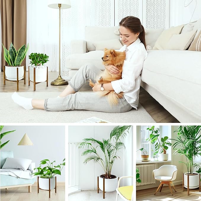 Airpark Adjustable Plant Stand Indoor, Metal Mid Century Modern Plants Stands, Stable Plant Holder Indoor Outdoor Corner, Fit 8 9 10 11 12 inch Pots,Brown Wood-Grain (Pot & Plant Not Included) Airpark