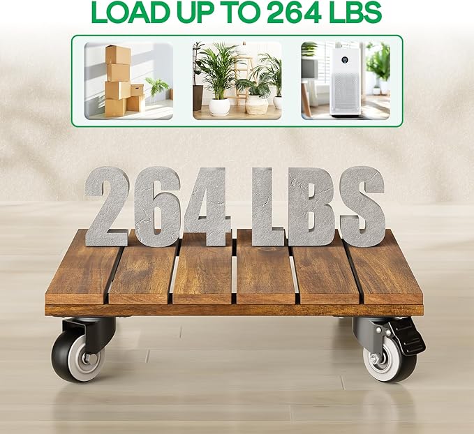 Idzo 2-Pack 12 Inch Acacia Wood Rolling Square Plant Caddy for Plant Pots, Heavy Duty Plant Stand with 360° Lockable Wheels, 264 lbs Capacity Caddy for Indoor and Outdoor Use, Natural Wood Idzo