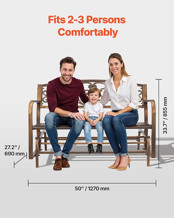VEVOR Outdoor Bench, 50 inch, Carbon Steel Metal Frame with Cast Iron Backrest and Round Edge Armrests, Weatherproof Outside Glider Bench for Patio, Garden, Park, Yard, Front Porch, Antique Bronze VEVOR
