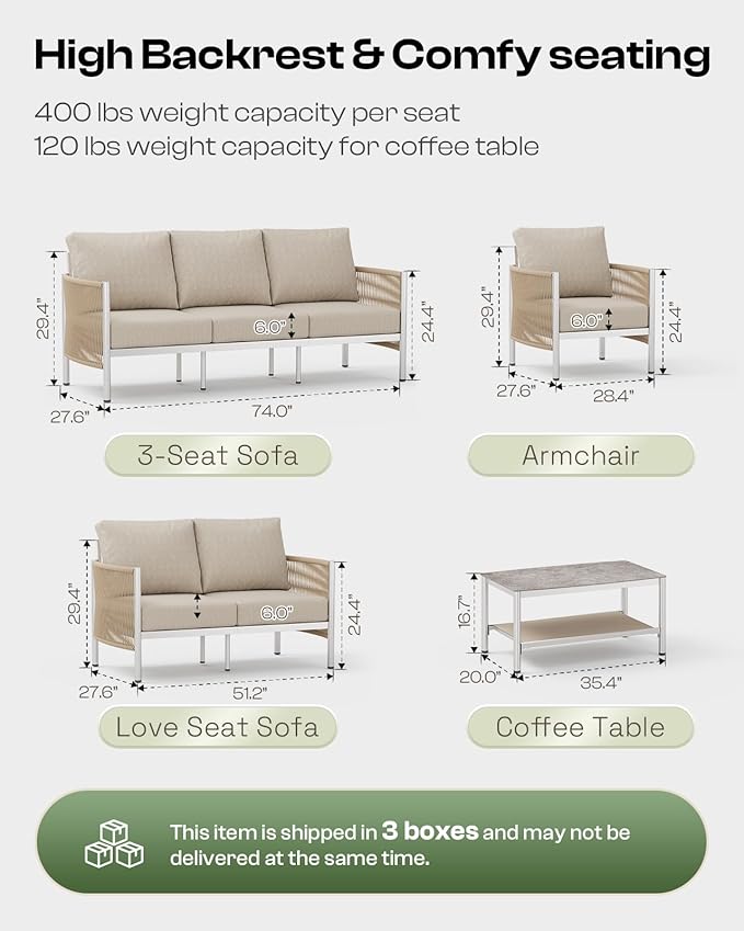 Aluminum Outdoor Patio Furniture Set with Dual-Layer Coffee Table, 4 Piece Modern Patio Conversation Sets with PE Rope, Outdoor Sectional Sofa with Thick Cushions for Balcony, Deck, Beige Oasbira