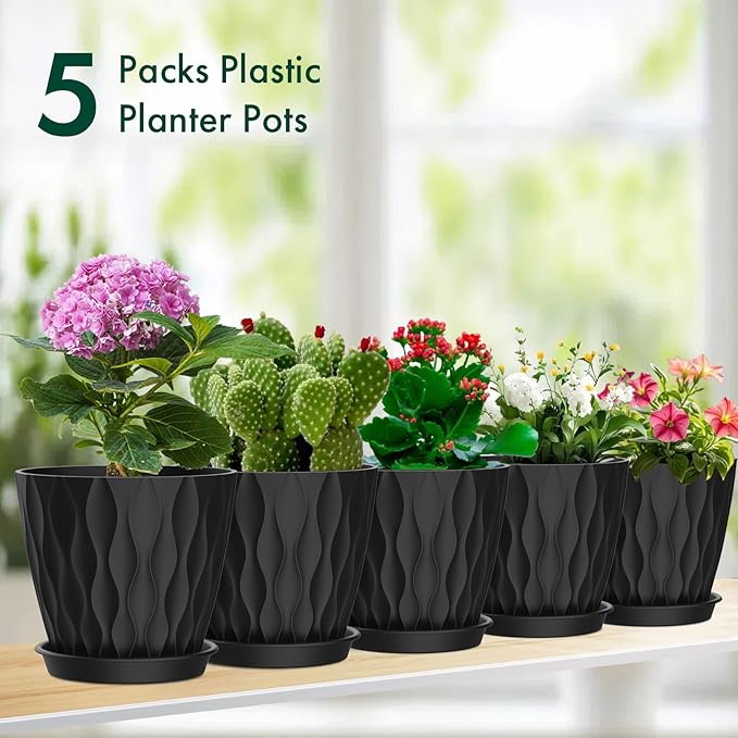 4 inch Small Plastic Nursery Pots, Seedling Pots, 5 Set Water Ripples Plant Pots for Indoor Plants, Flower Pots with Drainage Holes and Saucers, Seed Starter Pots for Succulent Plants, Black Meowell