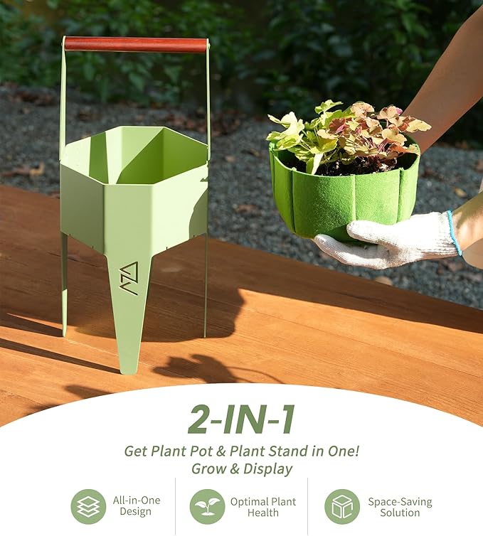 Planter with Stand, Metal 2 in 1 Portable Planter with Grow Bags & Handle, Stable Stylish Indoor Plant Pots with Stand, Modern Flower Pots Outdoor, 7.5'' x 17.3'', Green, Plant Not Included SculptingLightGarden