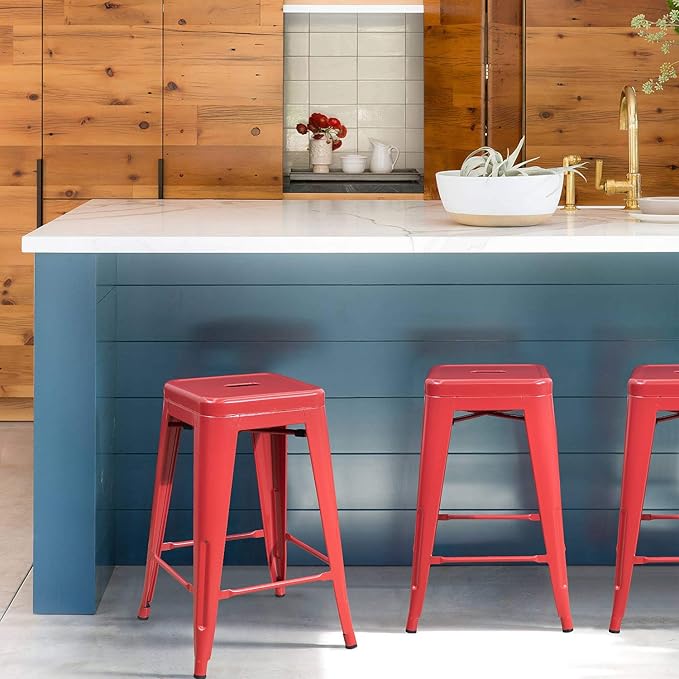 Devoko Metal Bar Stools 24" Indoor Outdoor Stackable Barstools Modern Style Industrial Vintage Counter Bar Stools Set of 4 (24 inch, Red) DEVOKO