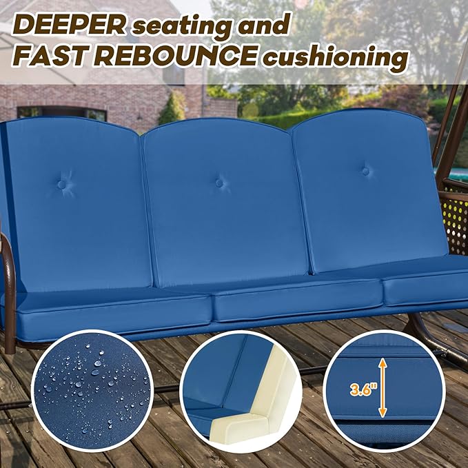 3 in 1 Outdoor Porch Swing with Adjustable Canopy, 3 Seat Outdoor Swing for Adults, Patio Swing Chair with Thickened Cushions,Pillows & Cup Holders for Backyard, Porch, Garden (Blue) YALISSEY