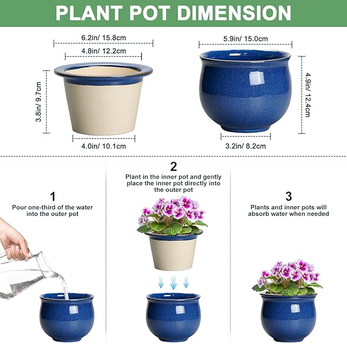 6 Inch Self Watering Pots, Ceramic African Violet Planter with Absorbent Inner Pot, Round Flower Pot for Indoor Plants, Ceramic Pots for Plants, Room Home Decor, Plant Lover Gifts, Blue Teagas