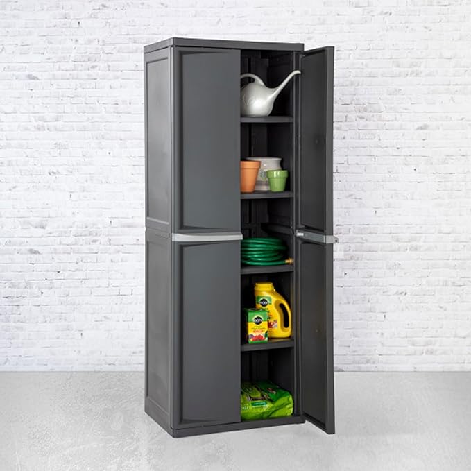 Sterilite 4 Shelf Cabinet, Lockable Utility Storage w/ Adjustable Shelves, Gray - Plastic Shelving Unit for Organizing Garage, Pantry, Basement, Laundry Room or Mudroom Sterilite