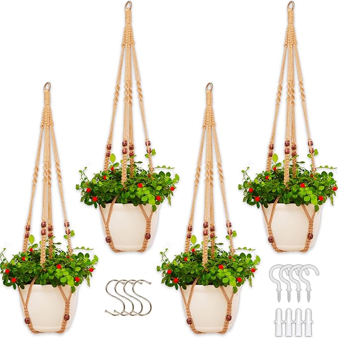 Macrame Plant Hanger Indoor Set,Hanging Planters for Indoor Plants Outdoor,Hanging Plant Holder Basket Pot with 8 Hooks,Boho Home Decor Crochet Beads Window Ceiling,No Tassels 4 Pack,Brown petonfun