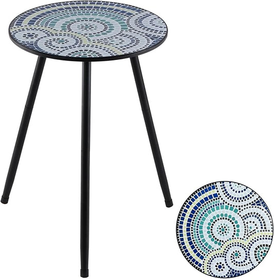 1 Pack Metal Outdoor Side Table Small Outside Round End Table for Patio Modern Accent Garden Corner Table for Small Spaces, Balcony, Porch, Weather-Resistant, Plant Stand Indoor, Round Mosaic PartyZealot