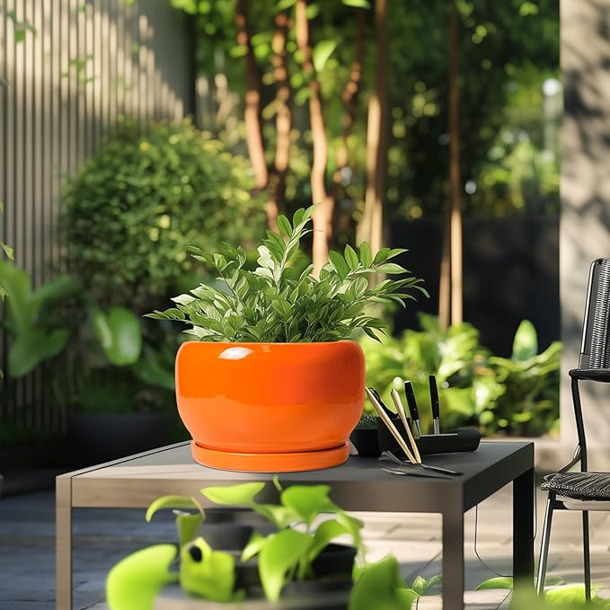 SQOWL Ceramic Planter - 10 Inch Plant Pot with Drainage Hole and Saucer, Round Modern Planter for Indoor Outdoor Plants, Decorative Large Flower Pot, House Decor, Gifts for Women Men, Orange SQOWL