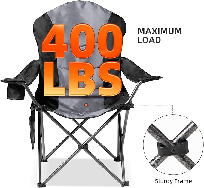 2 Pack Folding Camping Chairs for Adults - High Back Padded Outdoor Lawn Chairs with Lumbar Support & Cup Holder, 400lbs Heavy Duty Portable Camping Chairs Set (Black & Light Gray) Rootora