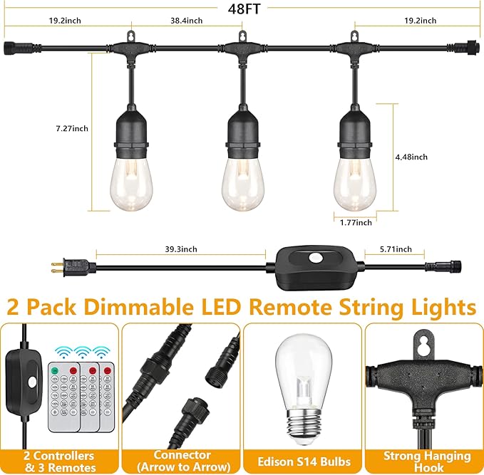 Mlambert 96Ft(2x48ft) 3-Color in 1 48Ft LED Dimmable Outdoor String Lights with Remote, Plug-in 2700K/4000K/5000K Waterproof Lights for Patio Cafe Mlambert