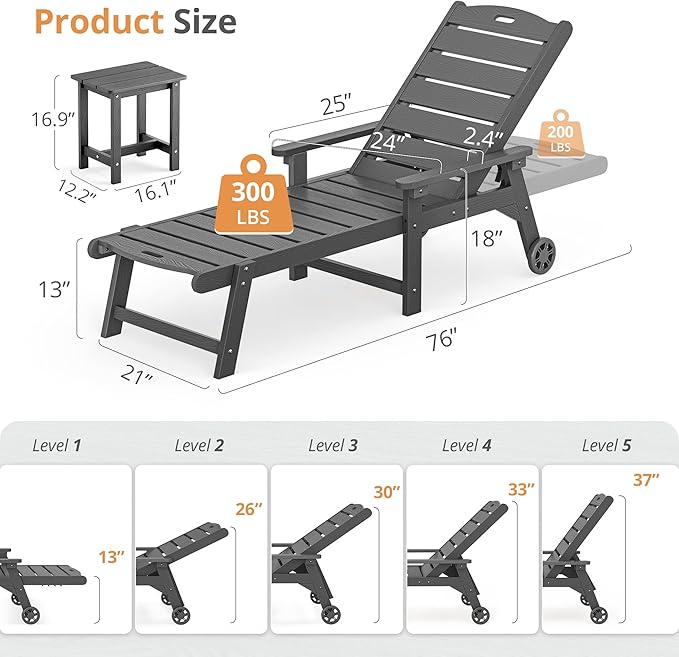LUE BONA Chaise Lounge Chair with Table, 6-Piece, HDPS Chaise Lounger, 5 Positions Adjustable Lounge Chairs, Pool Lounge Chair with Wheels for Poolside, Backyard, Dark Gray LUEBONA