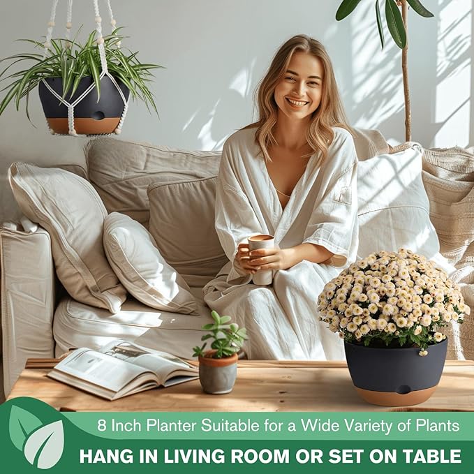 montresor Set of 2-8 Inch Hanging Planters for Indoor Plants with Self-Watering Includes Hanging Pots for Plants, Outdoor Hanging Plant Pot with Drainage, and 2 Types of Baskets Hangers (Black) Montresor
