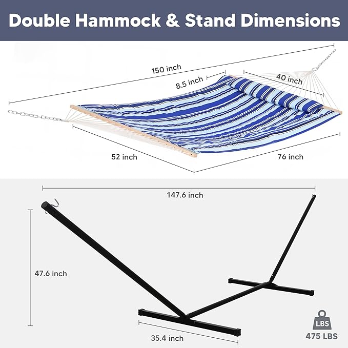 SUNCREAT Double Hammock with Stand, Two Person Cotton Rope Hammock, Blue Stripe SUNCREAT