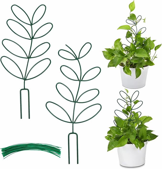 AUGSUN 2 Packs Plant Trellis Garden Trellis Plant Stakes Trellis for Climbing Plants Indoor Plants Metal Leaf Shape Plant Support for Houseplants with 50 Ties Plant Lover Gift (Green) AUGSUN