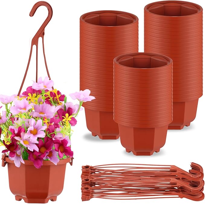 Roshtia 50 Pcs 3.7 inch Plastic Hanging Plant Pots with Hooks Flower Pots Baskets Outdoor Hanging Nursery Planter Holder for Home Garden Balcony Porch(Brown, 3.7 inch) Roshtia