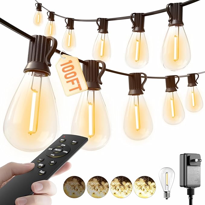 luckystyle 100FT LED Outdoor String Lights with Remote, 35+ 1 Shatterproof Bulbs Waterproof and Dimmable Patio Lights for Porch, Garden, Backyard, Deck, Balcony, 2200K Hanging Lighting luckystyle