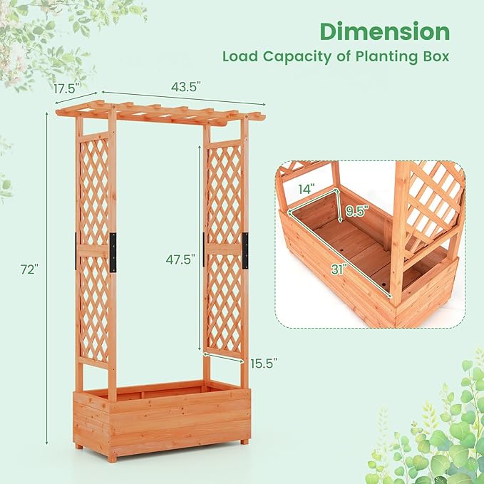 Giantex 2 Pcs Raised Garden Bed with Trellis & Hanging Roof, Wood Planter Box with Bottom & Drainage Holes, Freestanding Garden Planter for Flower Vegetable Fruit Herb Climbing Vines, 43.5"x17.5"x72" Giantex