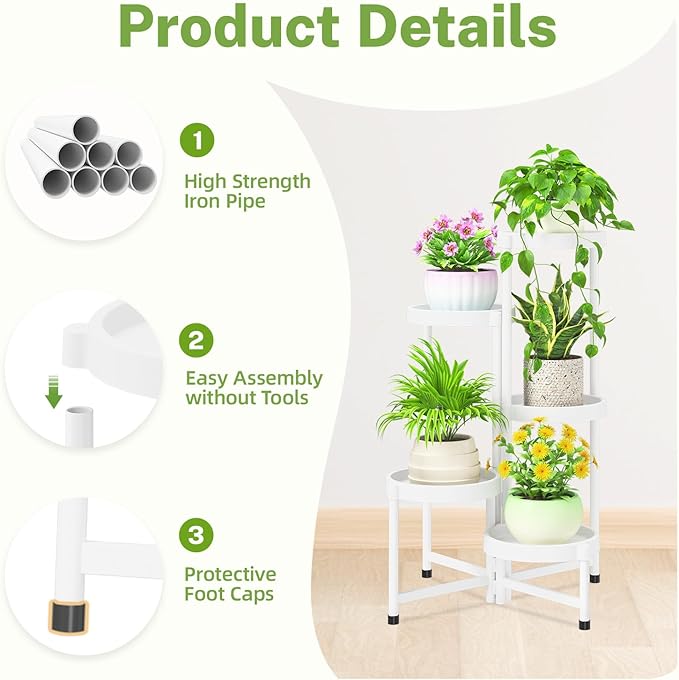 iDavosic.ly 5 Tier Folding Plant Stand Indoor Outdoor with Plastic Tray, Tiered Corner Flower Holder Shelf, Metal Orchid Display Rack for Patio Porch Living Room Garden Balcony, White iDavosicly