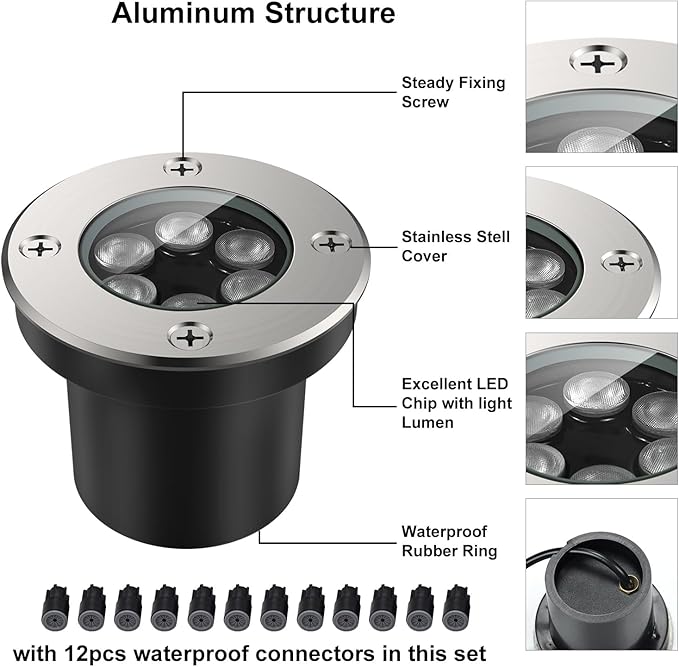 JESLED Outdoor Landscape Lights, 6W LED In Ground Well Lights, 12V 24V 3000K Warm White, IP67 Waterproof Low Voltage Landscaping Spotlight for Driveway Deck Step Yard Fence Garden Pathway (6 Pack) JESLED
