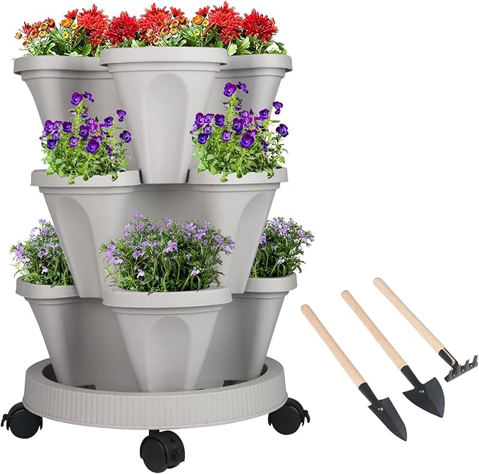GameXcel Vertical Planter 3 Tier Stackable Planters Garden Planters Strawberry Herb Flower and Vegetable Planter Indoor Outdoor Gardening Pots with Removable Wheels and Tools GameXcel
