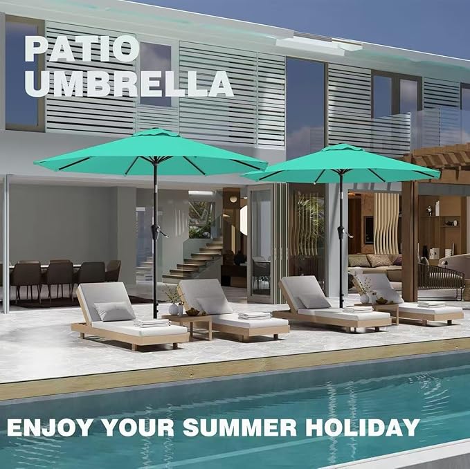 AreShark 9 FT Patio Umbrella for Outdoor, Outdoor Umbrella with Push Button Tilt and Crank, Outdoor Patio Umbrellas with 8 Sturdy Ribs for Market, Garden, Deck, Backyard, Pool (Peacock Blue) Rootora