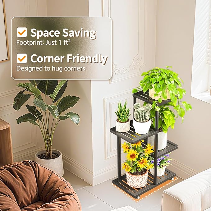 LASZOLA 3 Tier Plant Stand Indoors Outdoors for Large Heavy Duty Planter, Black Metal Tall Flower Holder Rack with Multiple Shelf for Modern Patio Corner, Vertical Organizer, Weather Resistant Bracket LASZOLA