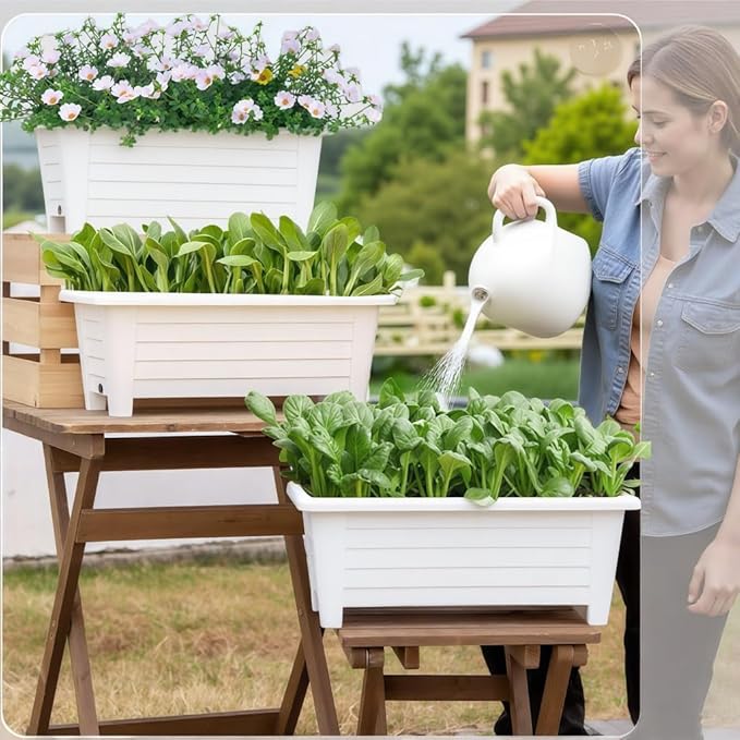 FAMZ Self Watering Planters Pots for Indoor Plants, 3 Pack 18.9 Inch Plastic Window Boxes Planters Herb Planter, Rectangle Rectangular Planter Windowsill Planters with Drainage and Saucer (White) FAMZ
