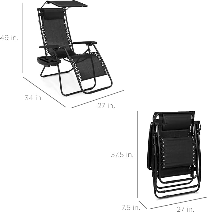 Best Choice Products Folding Zero Gravity Outdoor Recliner Patio Lounge Chair w/Adjustable Canopy Shade, Headrest, Side Accessory Tray, Textilene Mesh - Black BestChoiceProducts