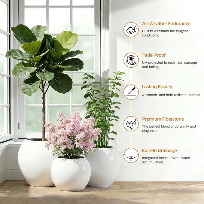 13.5 H x 17" Dia (12" Pot Opening) Round Fiberstone Planter with Drainage Hole, Durable Garden Flower Pots, White, Resistant for Indoor and Outdoor, Planters for Large Plants pot for Home Decor Patio Rootora