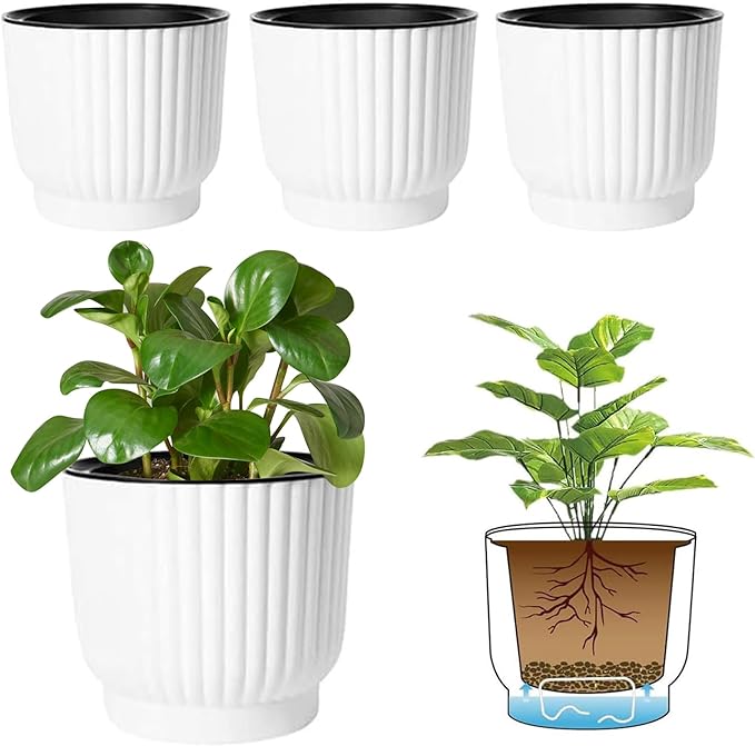 T4U 7 Inch Self Watering Pots for Indoor Plants, 4 Pack Plant Pots, Self Watering Planter for Indoor Plants, Durable Plastic Pots (4 Pack, 7", White) T4U