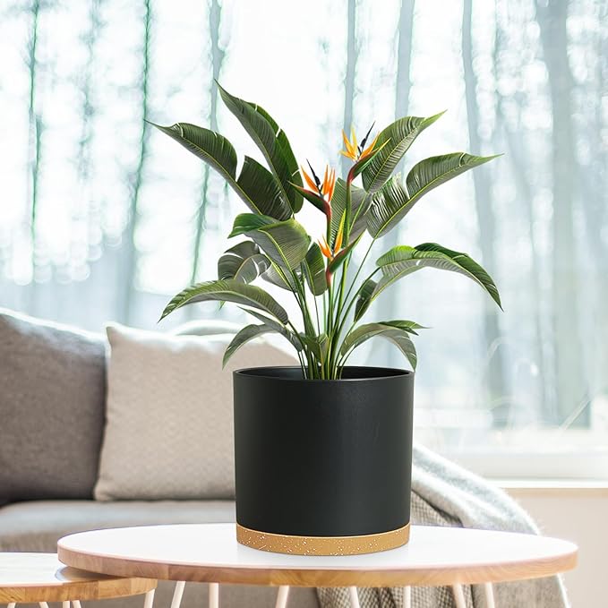 8 Inch Cylinder Plant Pots for Indoor Outdoor Plants, Medium Deep Flower Pots with Drainage Holes & Saucer, Decorative Plastic Planter Pots for Garden House Plants, Black with Brown WSMKSZ