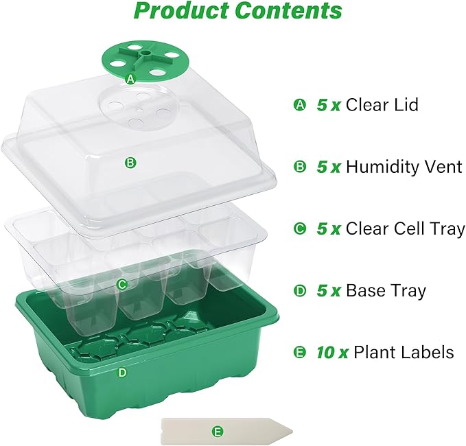 Bonviee 5-Pack Seed Starter Trays, Seed Starter Kit with Adjustable Humidity Dome and Base Indoor Greenhouse Mini Propagator for Seeds Growing Starting (12 Cells Per Tray, Green) BonvieeDirect