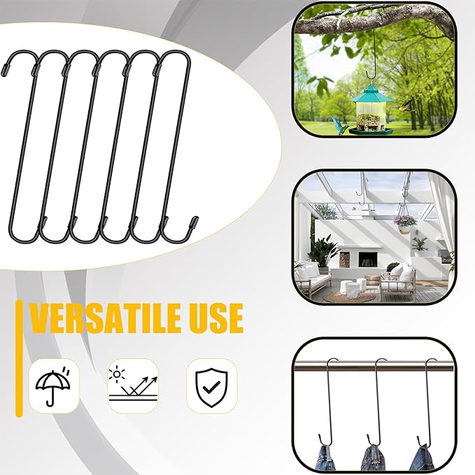 6 Pack 10 Inch Large S Hooks for Hanging Plants,Black Extra Matel Heavy Duty Hook for Hang Brsket,Bird House,Clothes,Kitchenware Dpyrrhic
