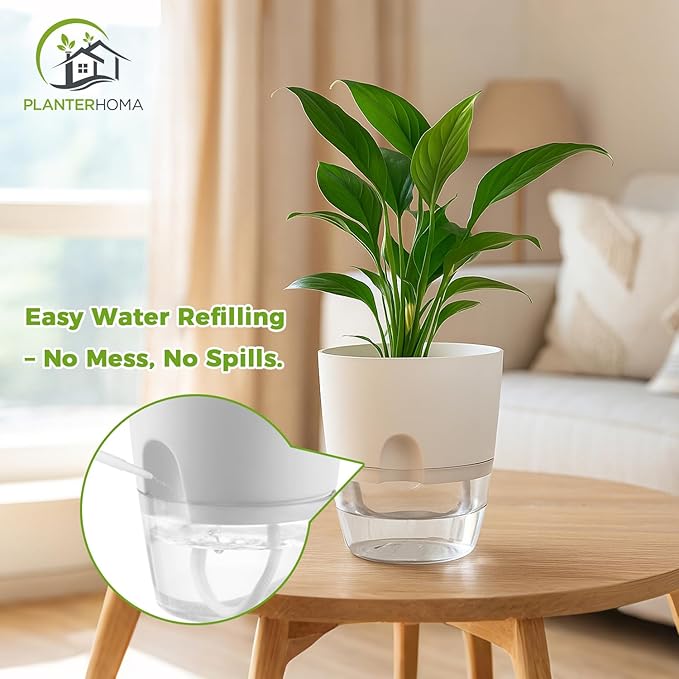 6 Pack Self Watering Pots for Indoor Plants, PlanterHoma 3.2/4/6 Inch Plant Pot Plastic Self Watering Planter for Orchid, African Violet, Small Clear Flower Pots with Drainage Holes and Wicking, White Planterhoma