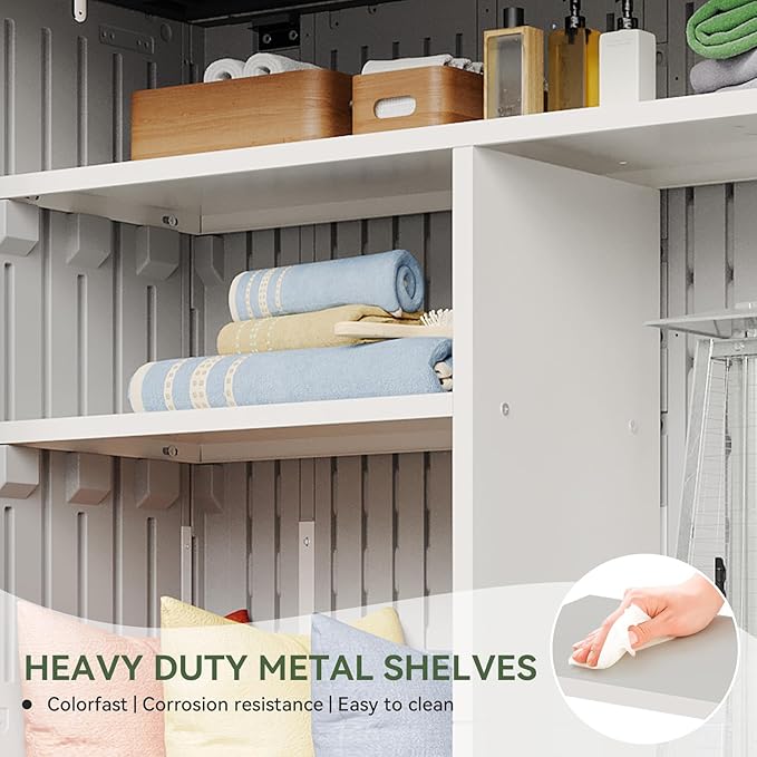 Aoxun Outdoor Resin Storage Shed with Metal Shelving Kit & Floor, 64 Cu.Ft Vertical Waterproof Storage Cabinet for Garage, Pool, Bike, Garden Tools, Patio Furniture (White) Aoxun