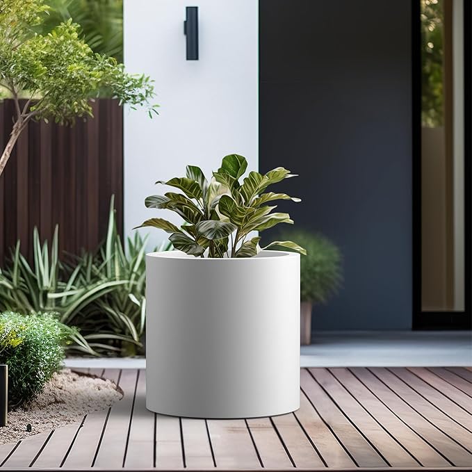 Kante 15.7" Dia Round Concrete Planter, Modern Style Large Cylindrical Plant Pot with Drainage Hole and Rubber Plug for Indoor Outdoor Patio, White Kante