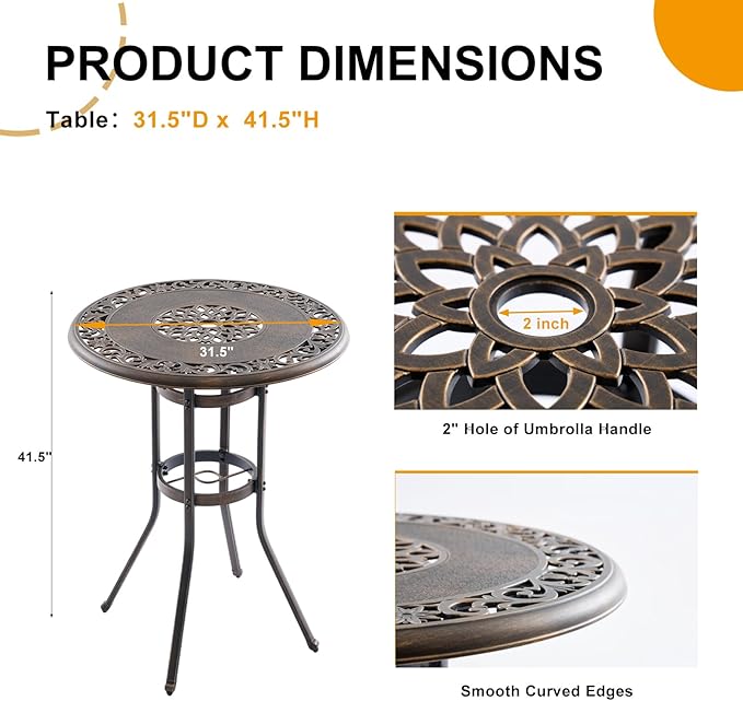 Outdoor Bar Height Table, 31.5" Round Cast Aluminum Patio Pub Table with Umbrella Hole, All-Weather Design for Deck/Garden/Poolside (Bronze) Attliahome