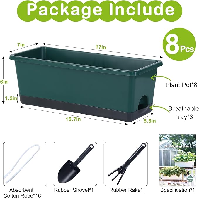 Window Box Planter 8 Pcs, 17 Inches Rectangle Flower Pots with Drainage Holes & Trays, Vegetable Planters for Windowsill Patio Garden Balcony Home Indoor Outdoor (Dark Green, 16 * 7 * 6 inch) Oliz