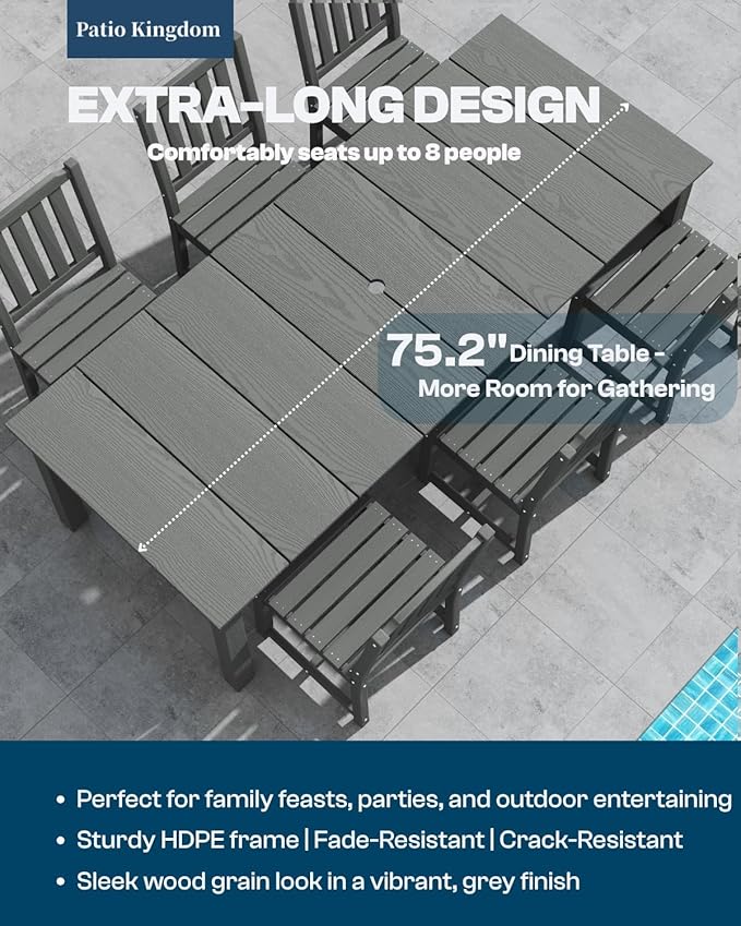 5-Piece Black Outdoor Dining Set with White 11FT Large Patio Umbrella, 75.2'' HDPE Table & Chairs for 8, Weather-Resistant Furniture with Umbrella Hole for Patio, Lawn, Poolside PatioKingdom